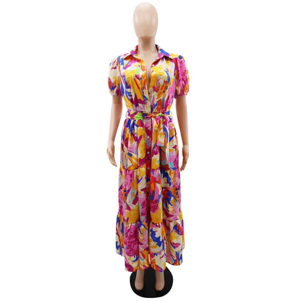 Women Chic Printed Turndown Collar Lantern Sleeve A-Line Dress 7