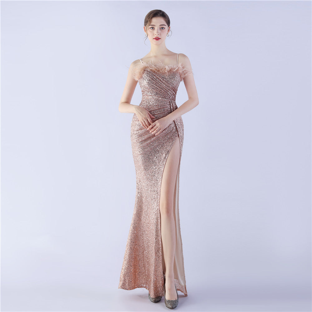 Sexy Feather Sequins Straps Side Slit Evening Dress 14
