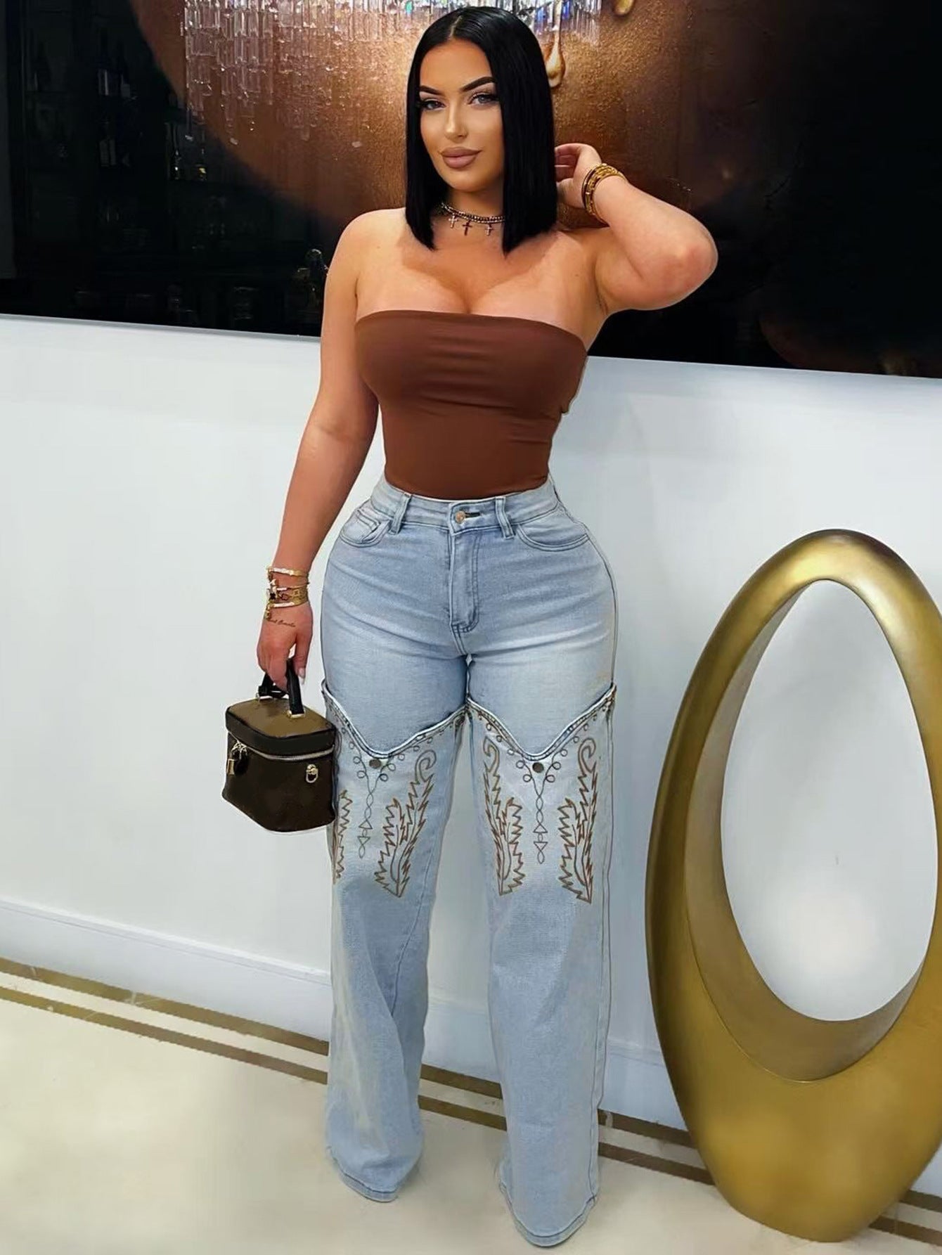 Women's Fashion Embroidered Blue High-Waisted Wide-Leg Denim Pants 3