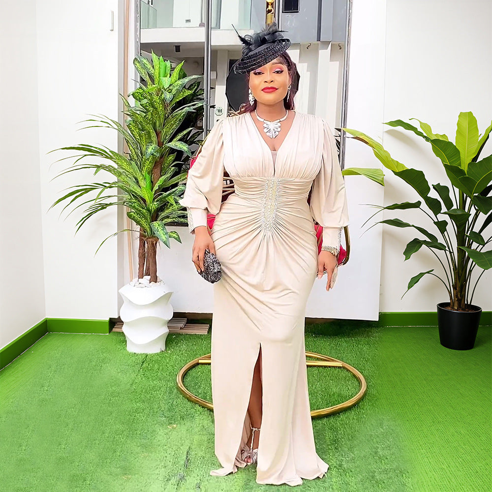 Elegant Solid Color Long Sleeve High Waist Formal Party Plus Size Dress Dubai Winter African Women's Clothing