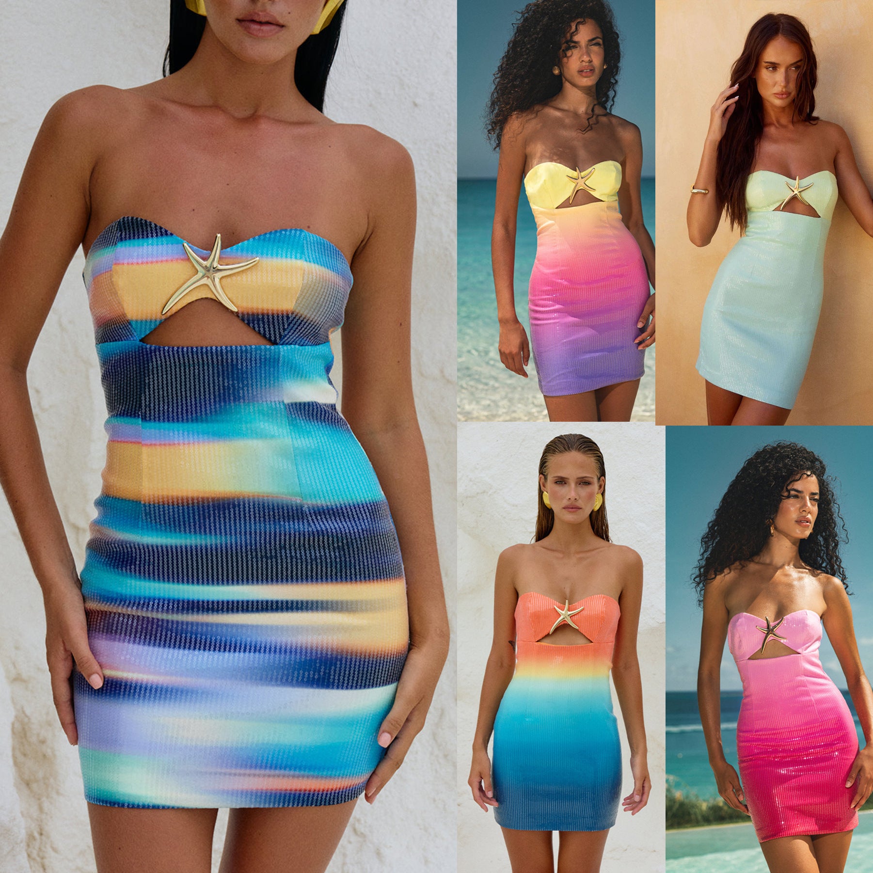 Spring Summer sequined printed strapless slim Holidays women's dress 13