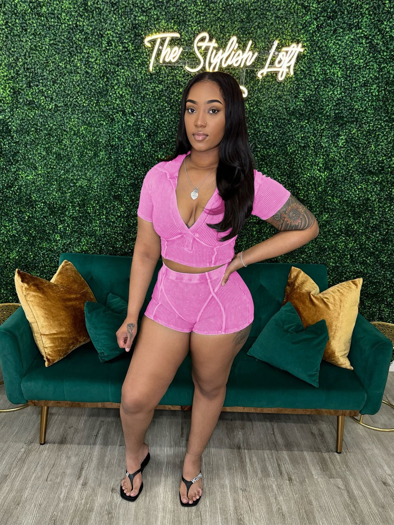 Women's Turndown Collar Deep V Short Sleeve Cotton Ribbed Top Shorts Two Piece Set 3