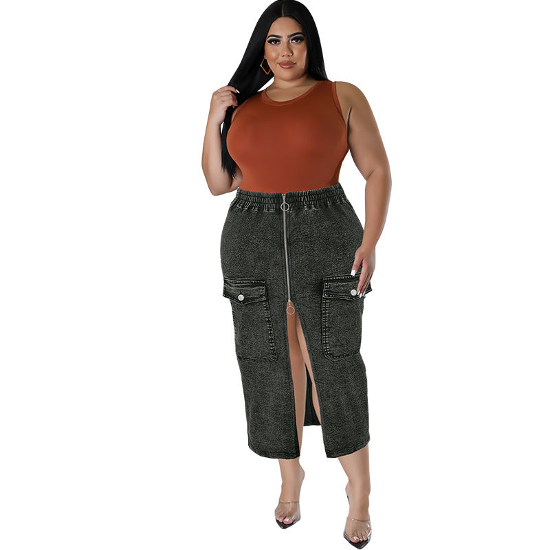 Plus Size Women's Denim Slim Fit Zipper Pocket Long Skirt 6