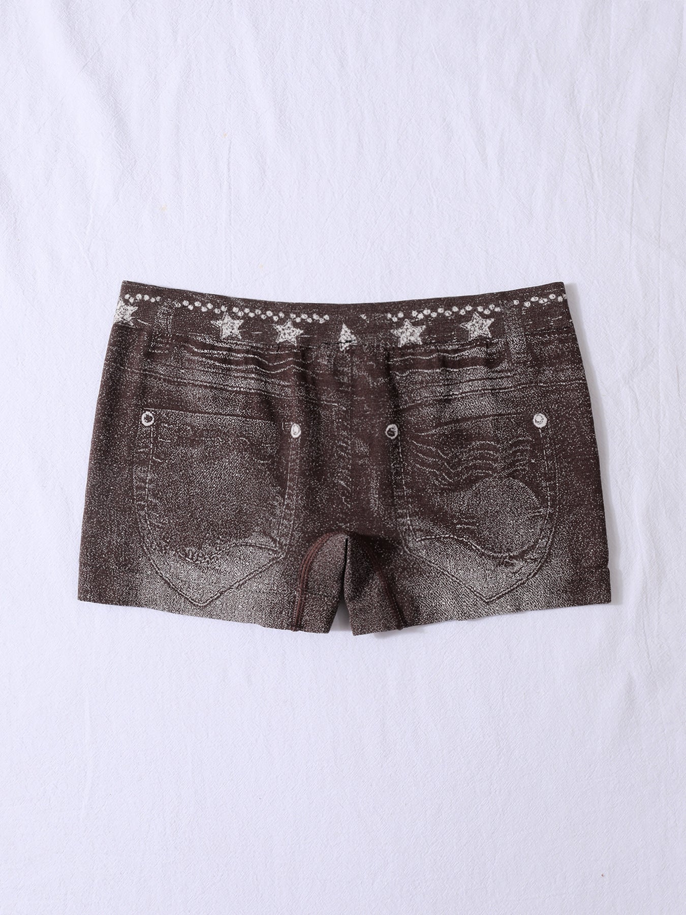 Seamless Simulated Denim Pattern Print Outdoor Wear High Stretch Mid-Rise Women's Square Leg Shorts 19