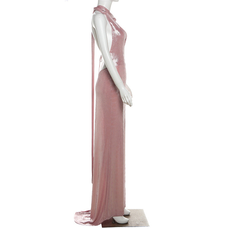 Summer sexy v neck backless halter neck lace up dress 5