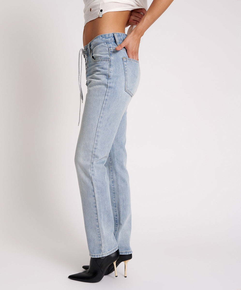 Women High Waist Washed Casual Style Denim Pants 3