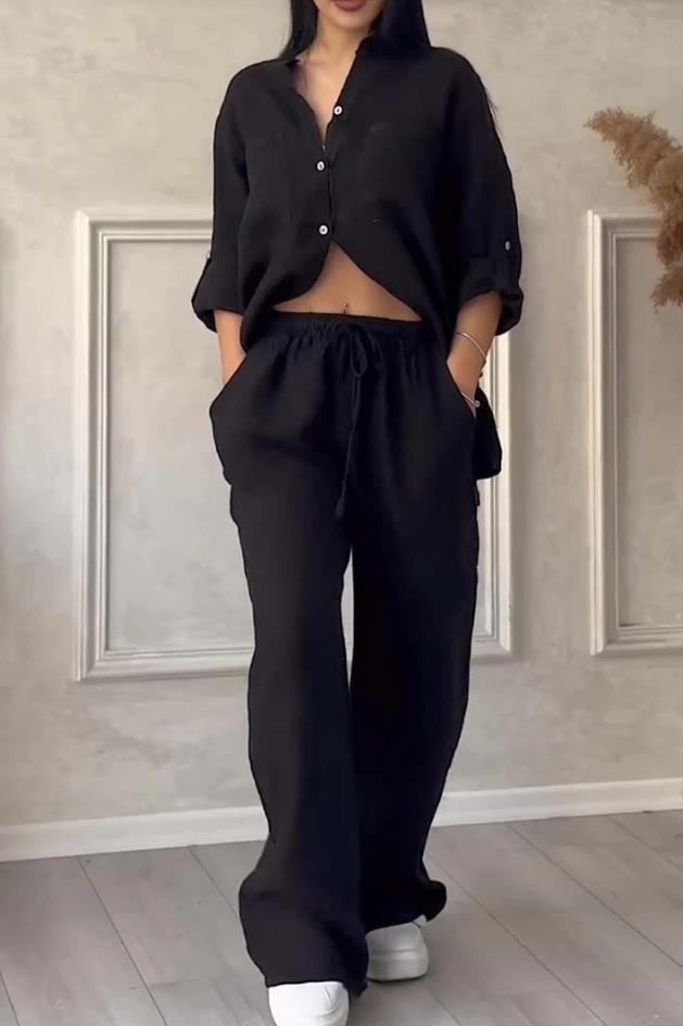 Women Casual Solid Shirt Wide Leg Pants Two Piece Set 12