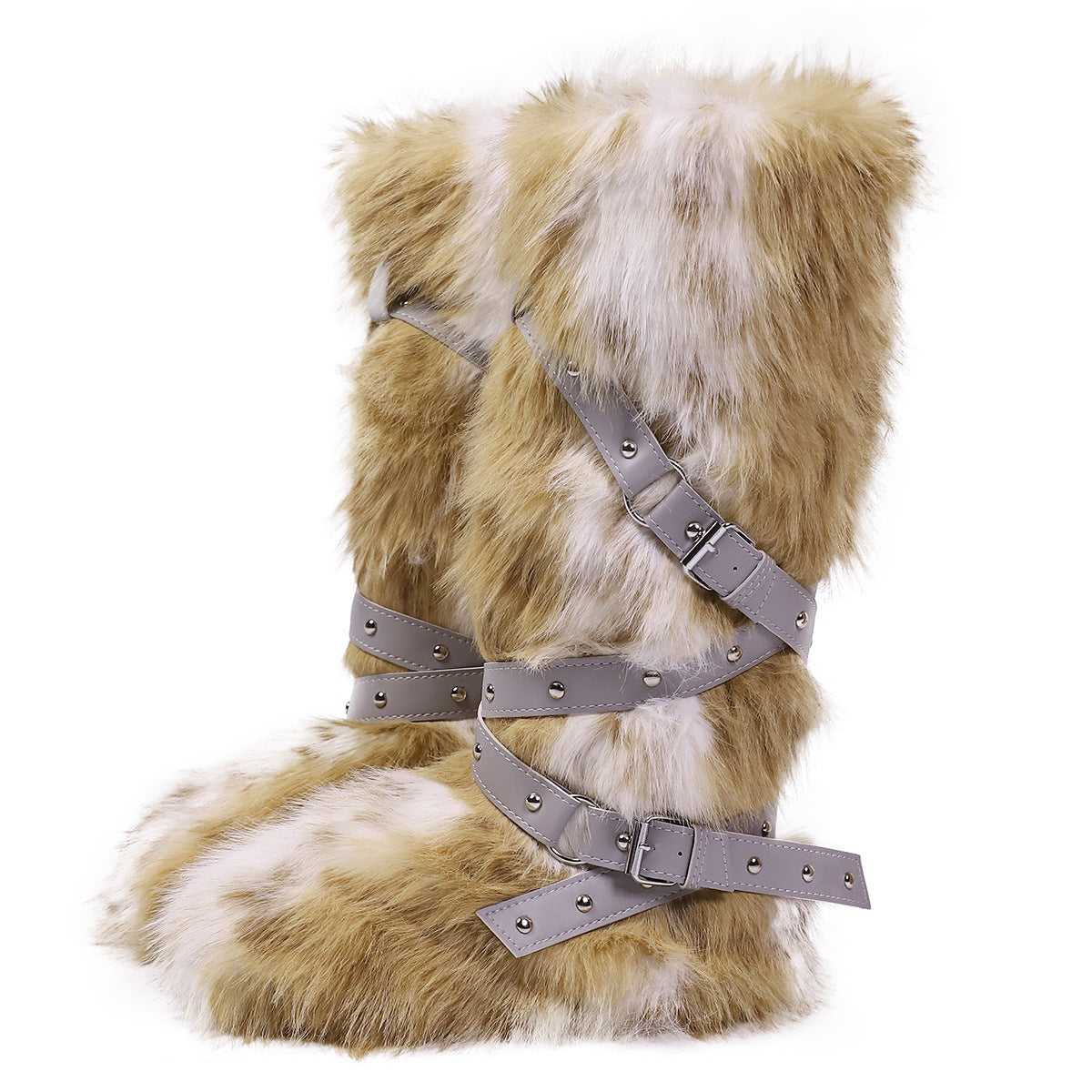 Leopard Print High Top Lace-Up Furry Boots Women Fleece-Lined Studded Thick Sole Snow Boots 13