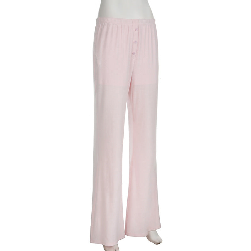 Women solid elastic waist hole material knitting Pant 9