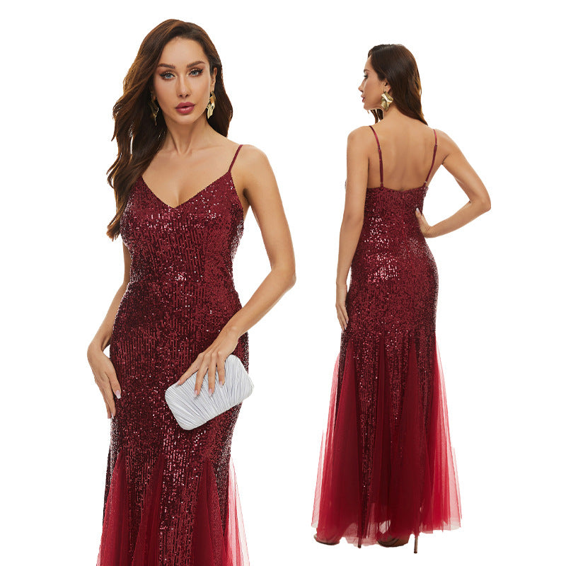 Sequin Dress Women's Luxury Formal Party Evening Dress Deep V Neck Patchwork Sexy Strap Long Dress Slim Fishtail Dress 6