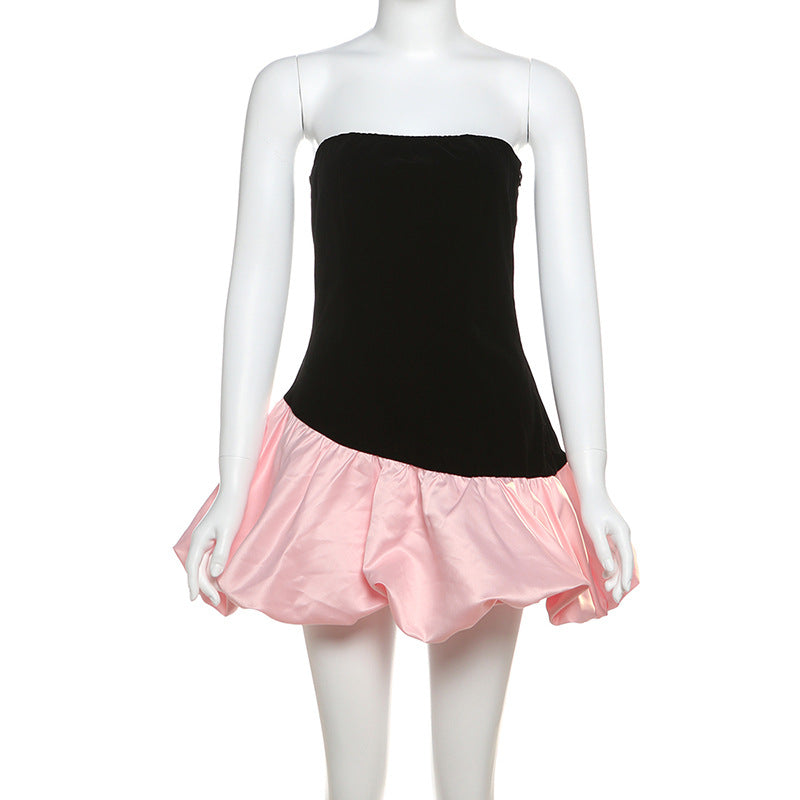 Winter Women's Strapless Velvet  Patchwork Puffy Short Dress 6