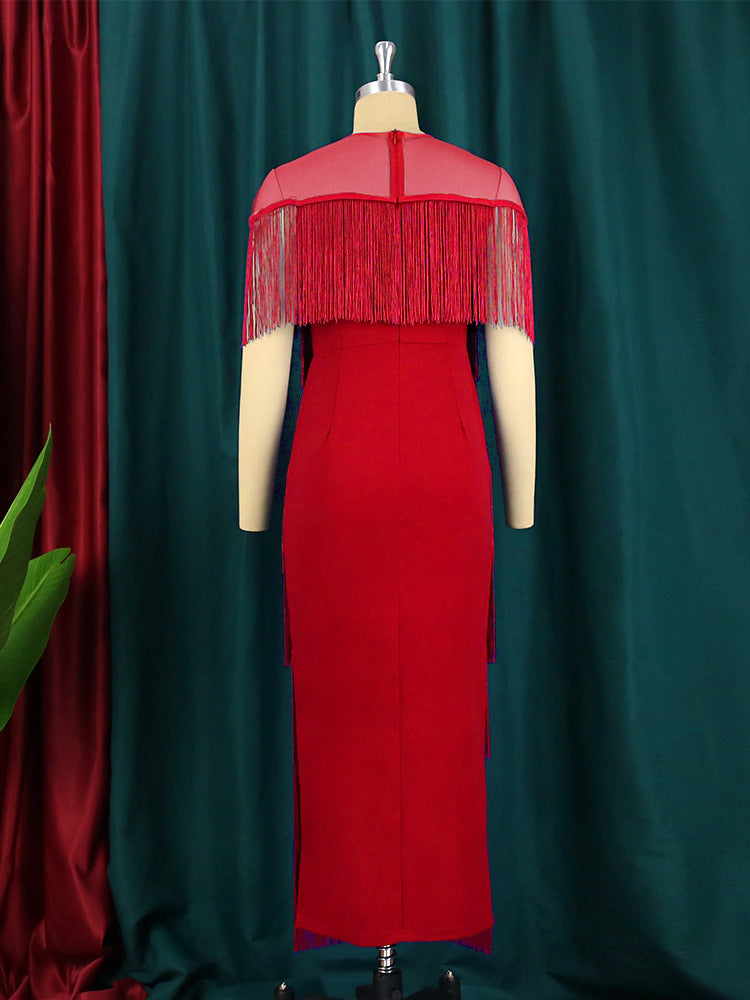 Women Mesh Patchwork tassel Round Neck sexy evening bodycon dresses 16