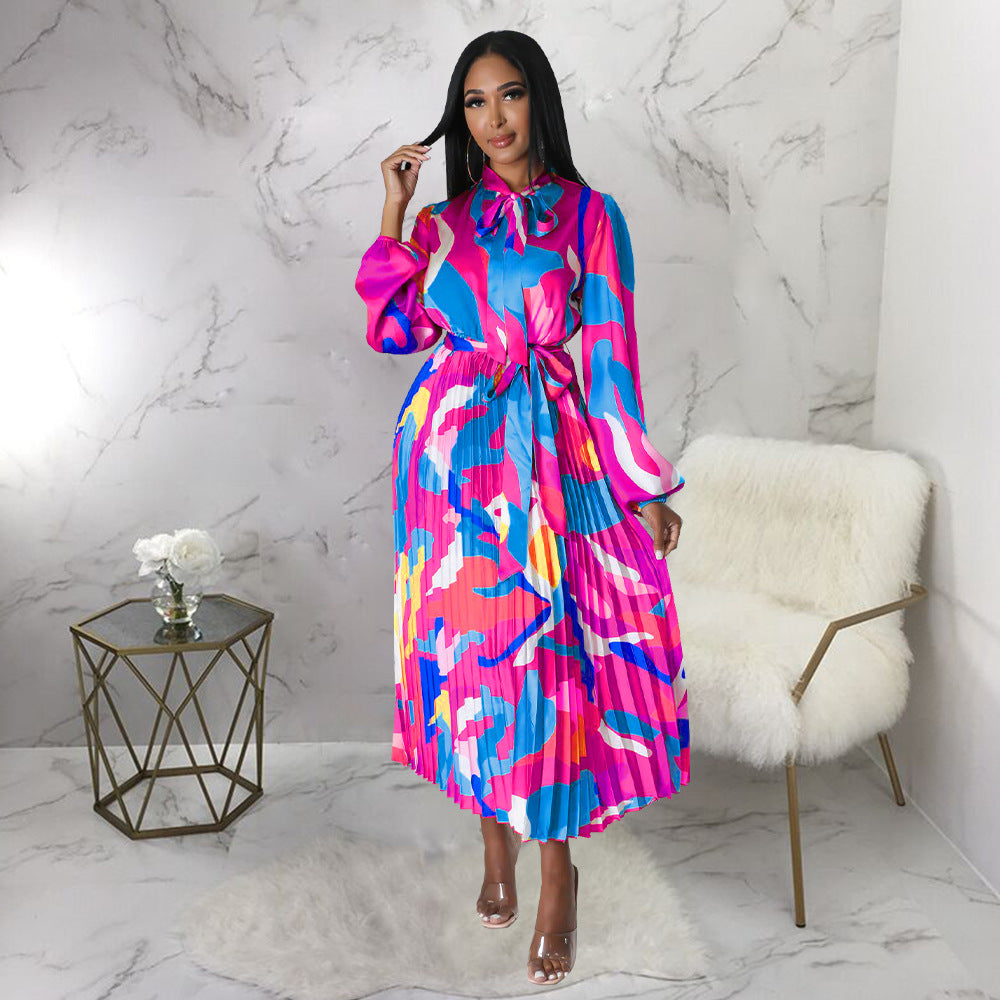 Women's Tie Long Sleeve Printed Pleated Dress 15