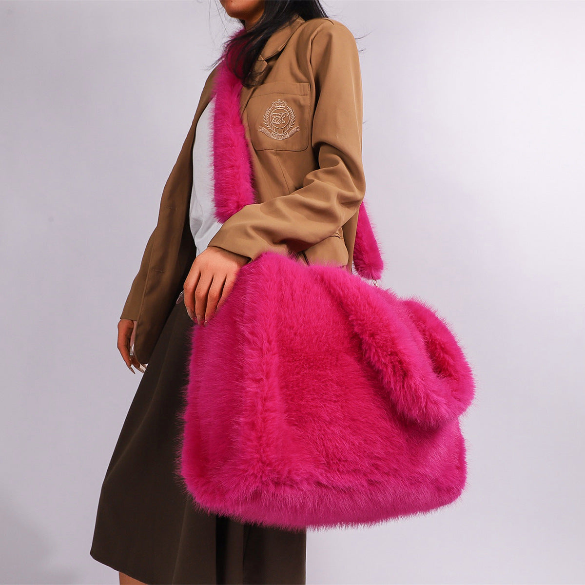 Women's Strap Imitation Fox Fur Large Capacity Tote Bag 7