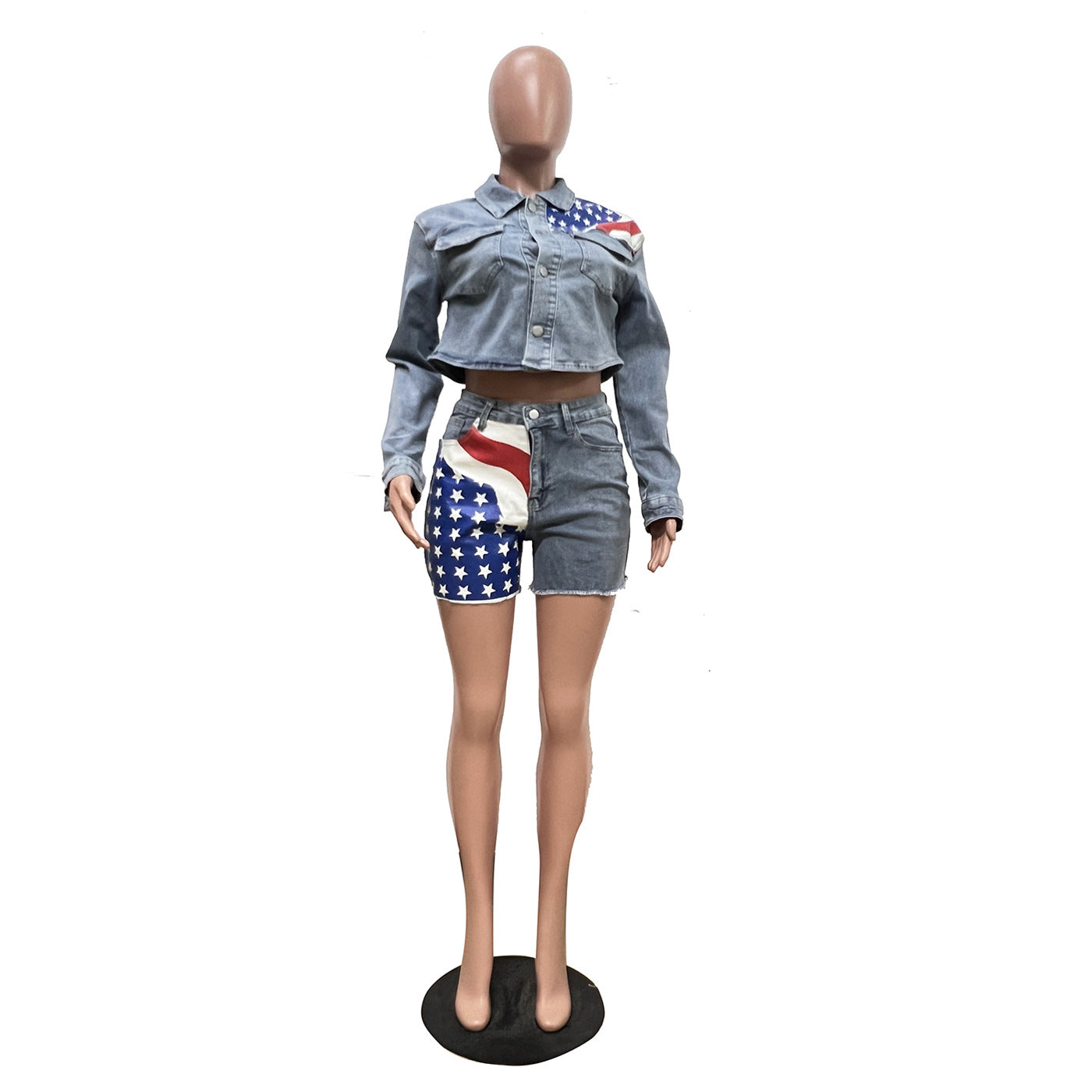 Casual Flag Print Denim Two Piece Shorts Set 8