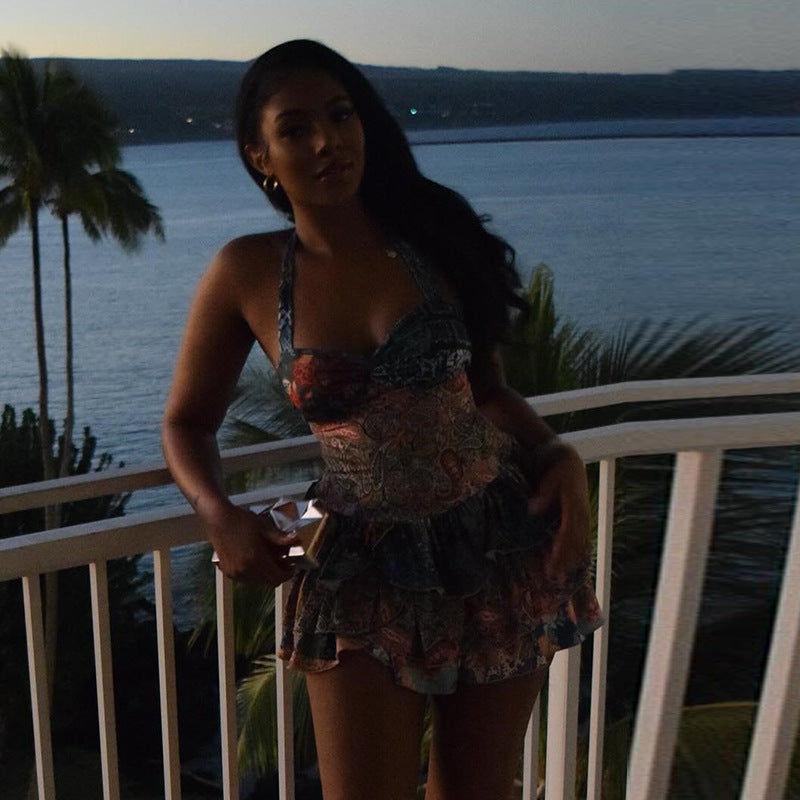 Women Printed Halter Neck Backless Ruffle Mini Dress 5