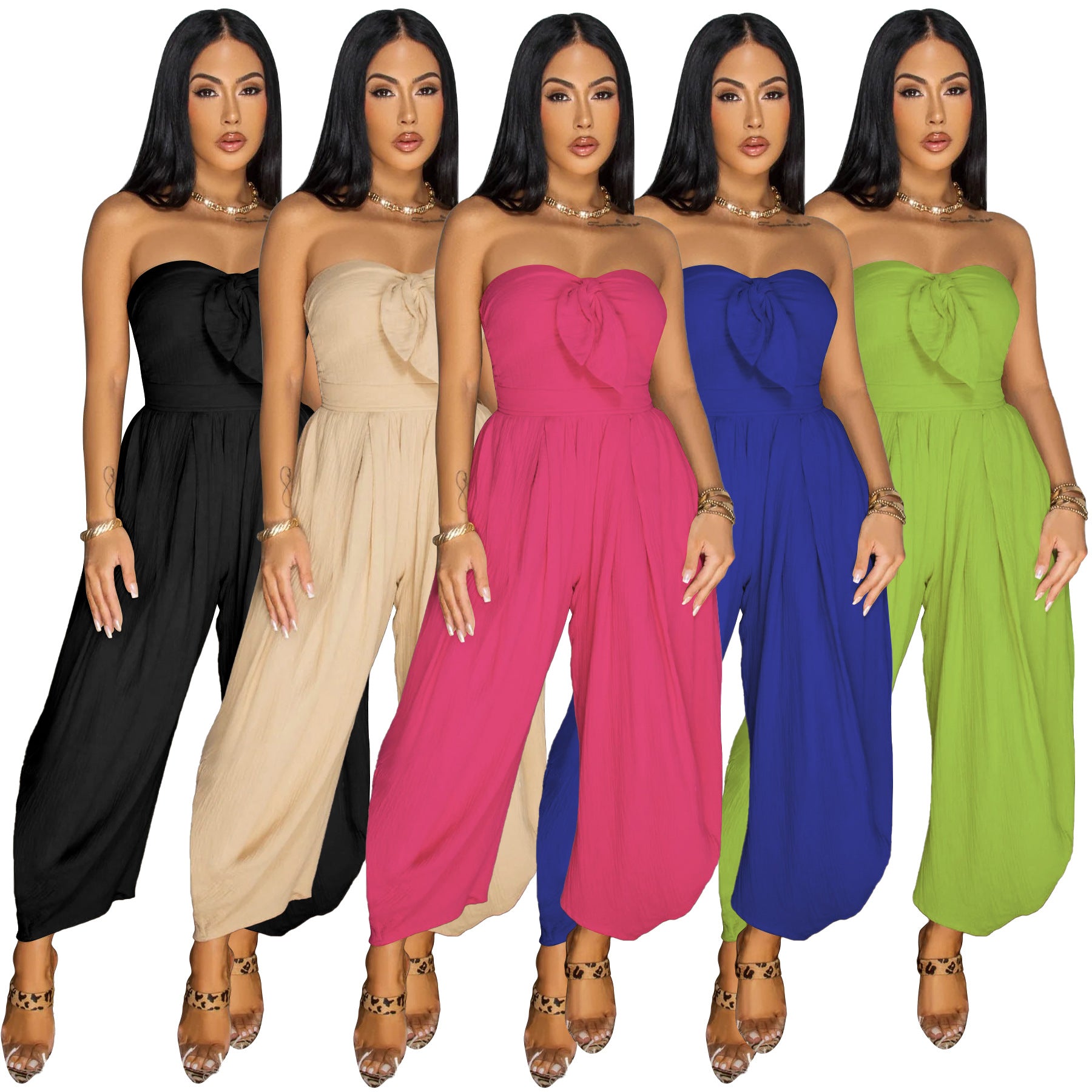 Women's Summer Sexy strapless Solid Color loose Jumpsuit 19