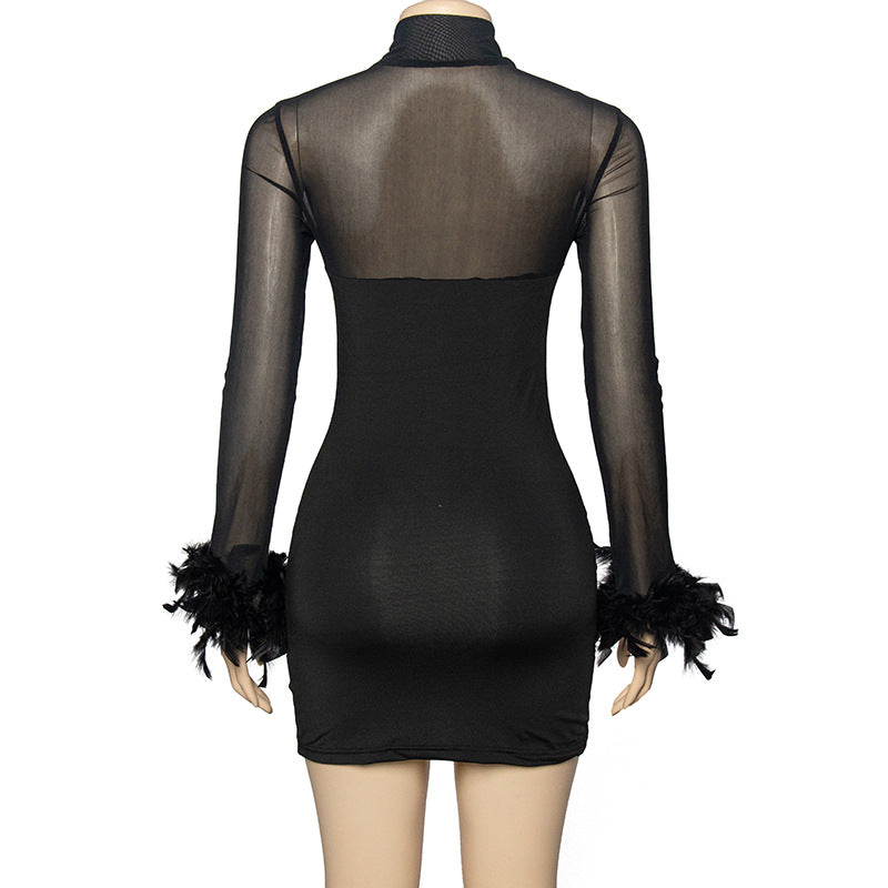 Solid Color Long-Sleeved Sexy Mesh Patchwork Feather Bodycon Short Slim Dress 9