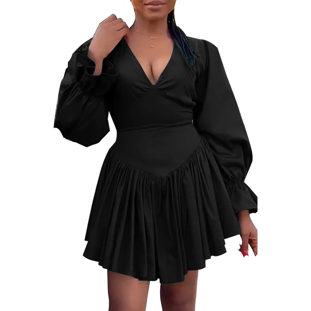 Women V-Neck Ruffle Sleeve Elegant Pleated Dress 7