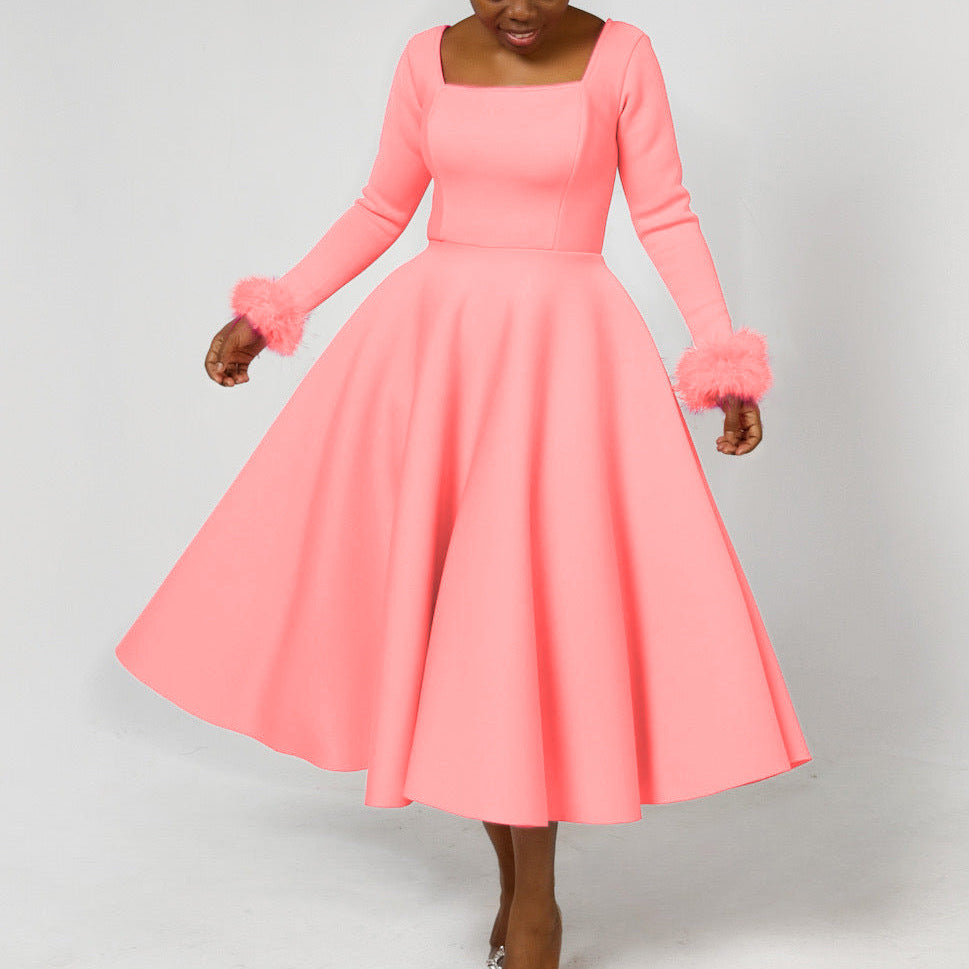 Winter Chic Elegant Fur Decorated Long Sleeve A-Line African Party Dress 3