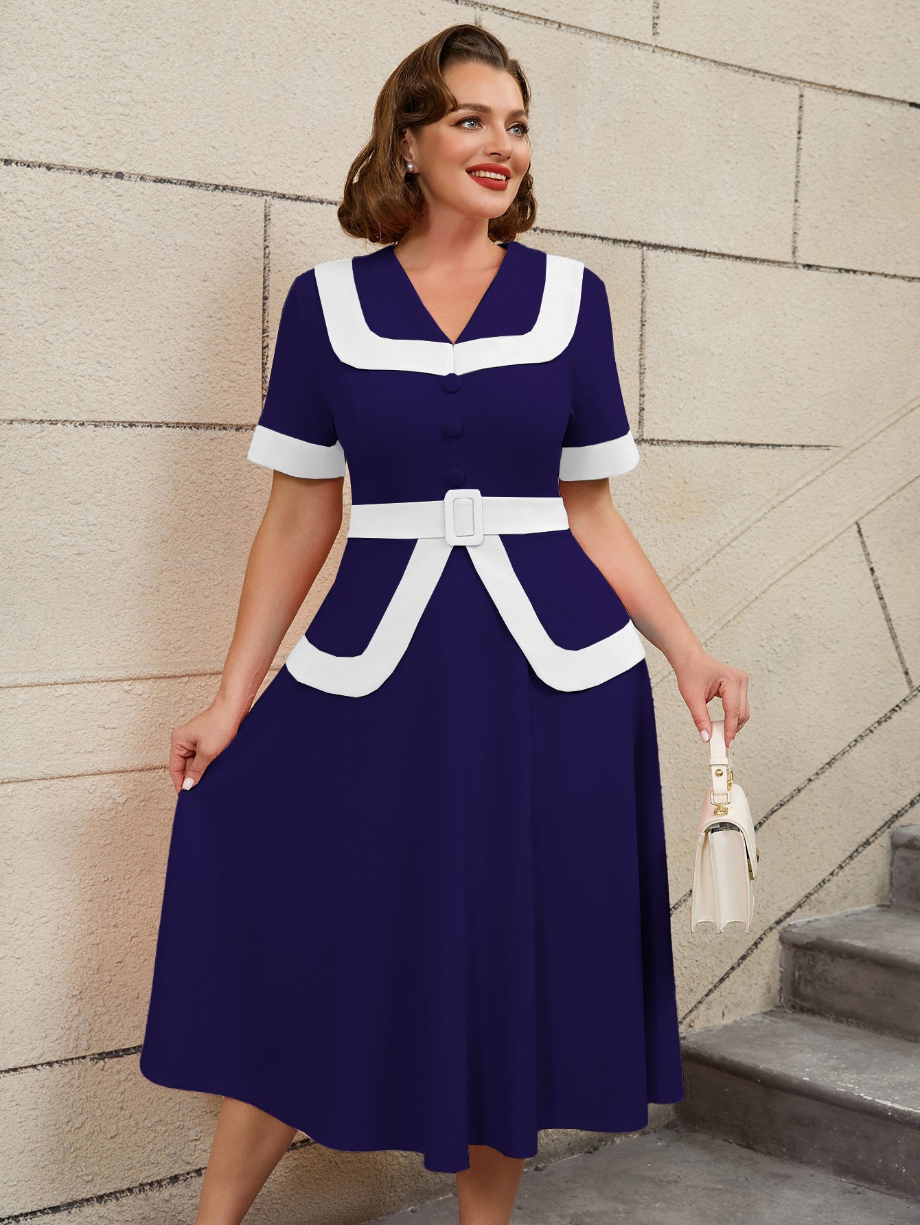 High-Waist Contrast Color A-Line Plus Size Formal Party Cocktail Dress 34