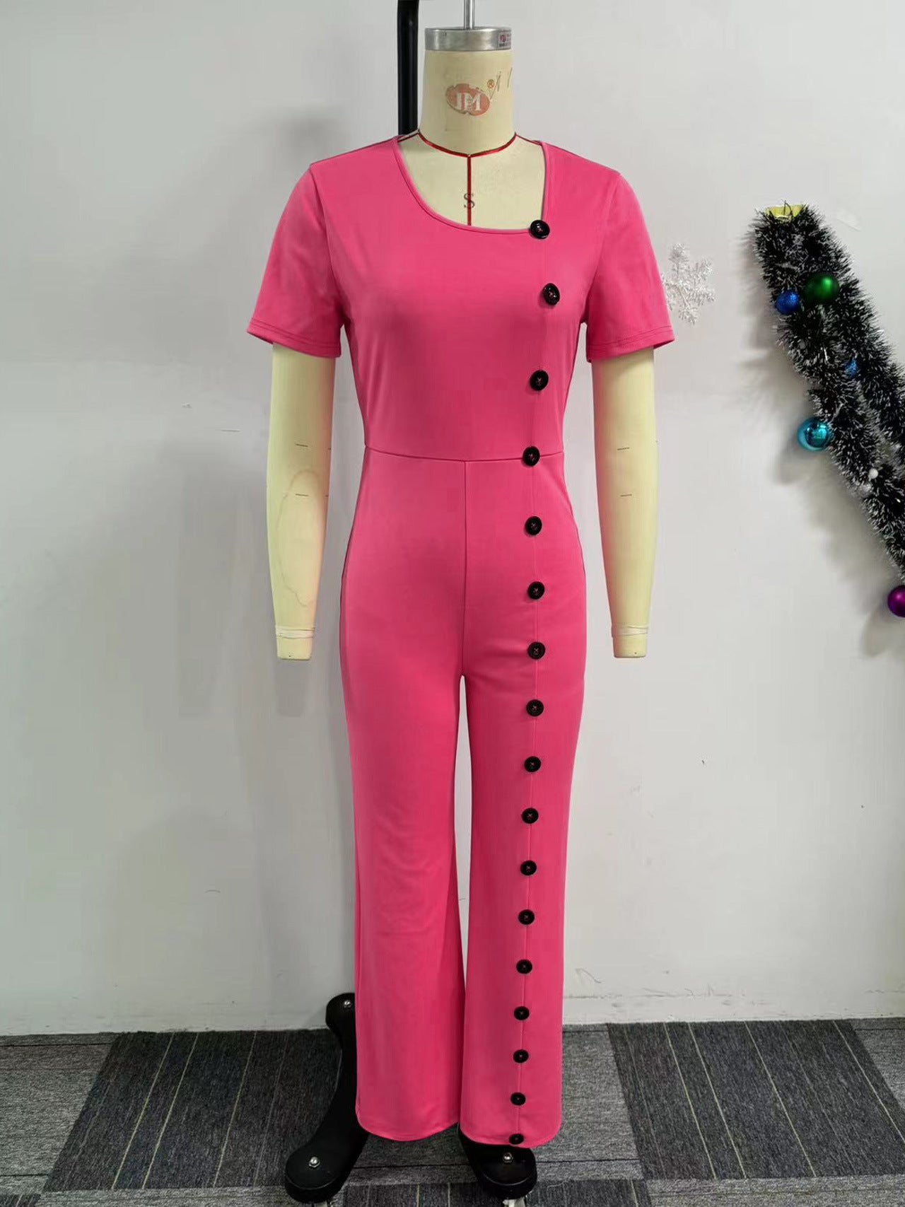 Irregular Neckline Slim Waist Button Wide Leg Jumpsuit 8