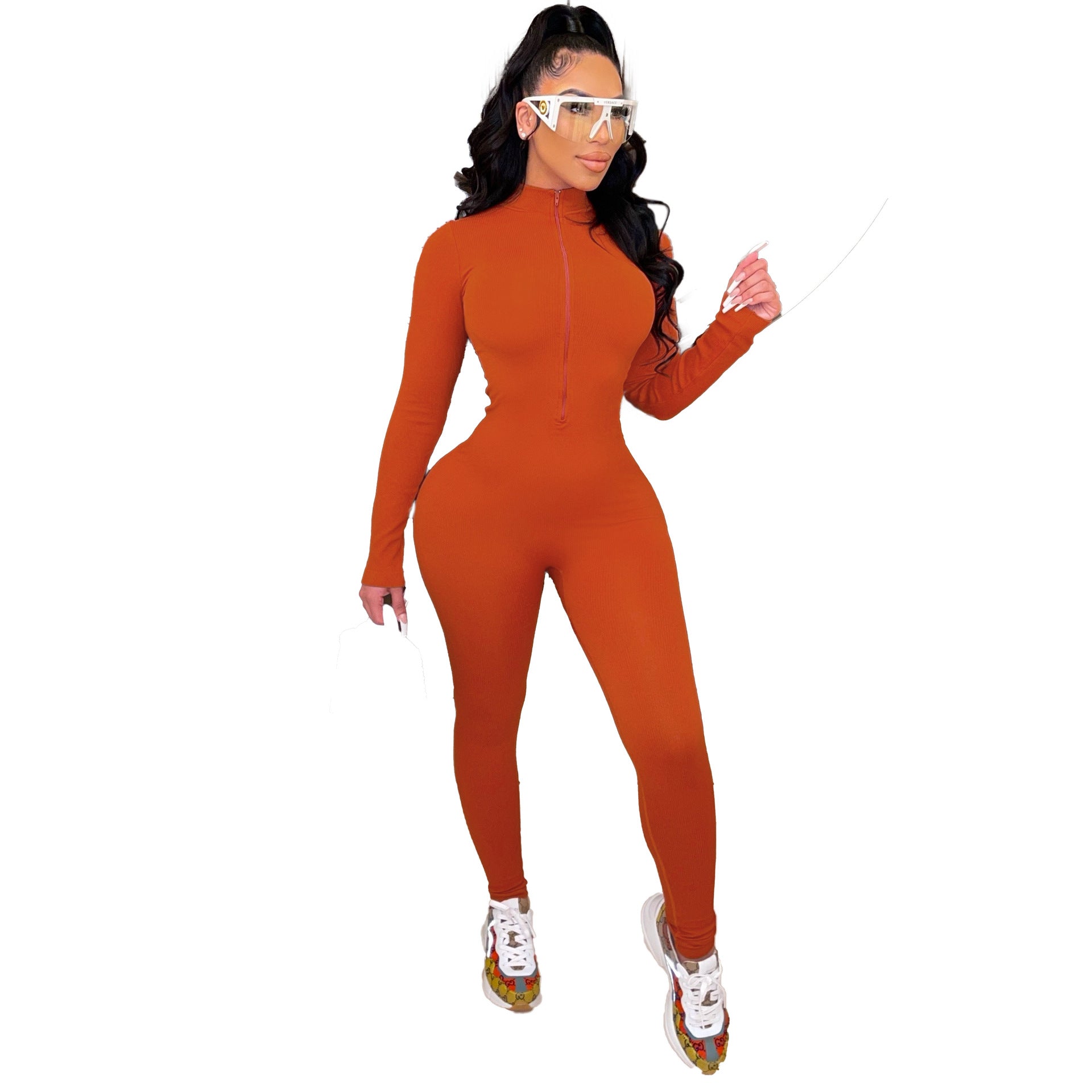 Women'S Solid Zip Long Sleeve Tight Fitting Jumpsuit 15
