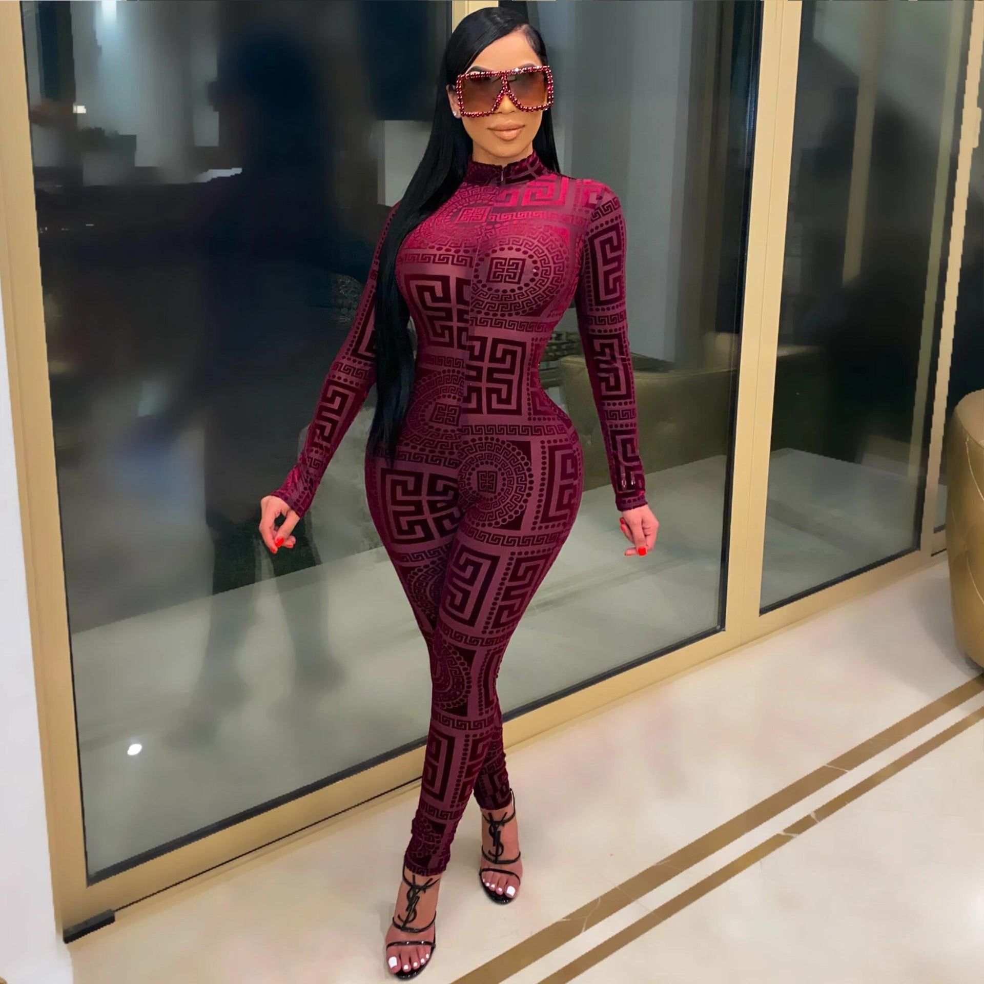 Printed Long Sleeve Tight Fitting Women's Jumpsuit