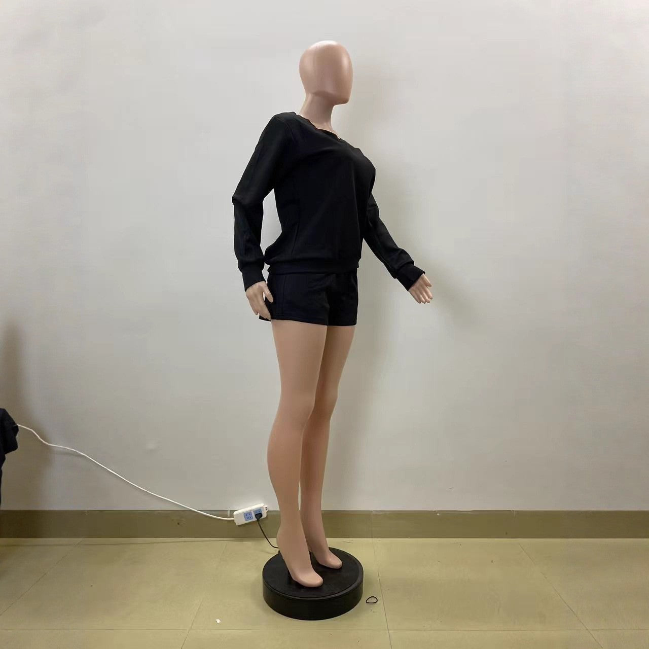 Autumn Black Casual Slash Shoulder Long Sleeve Top Shorts Set 5