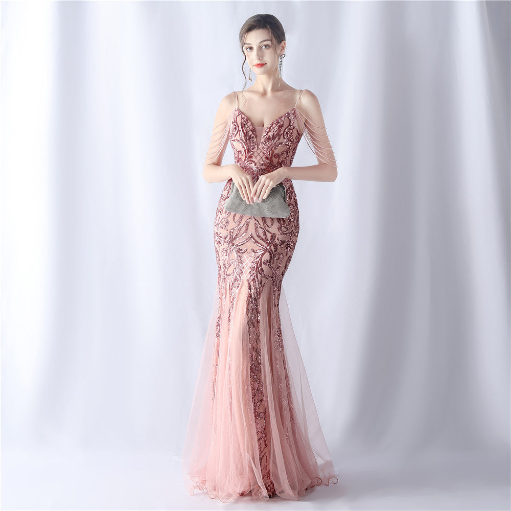 Women beaded mesh evening dress 7