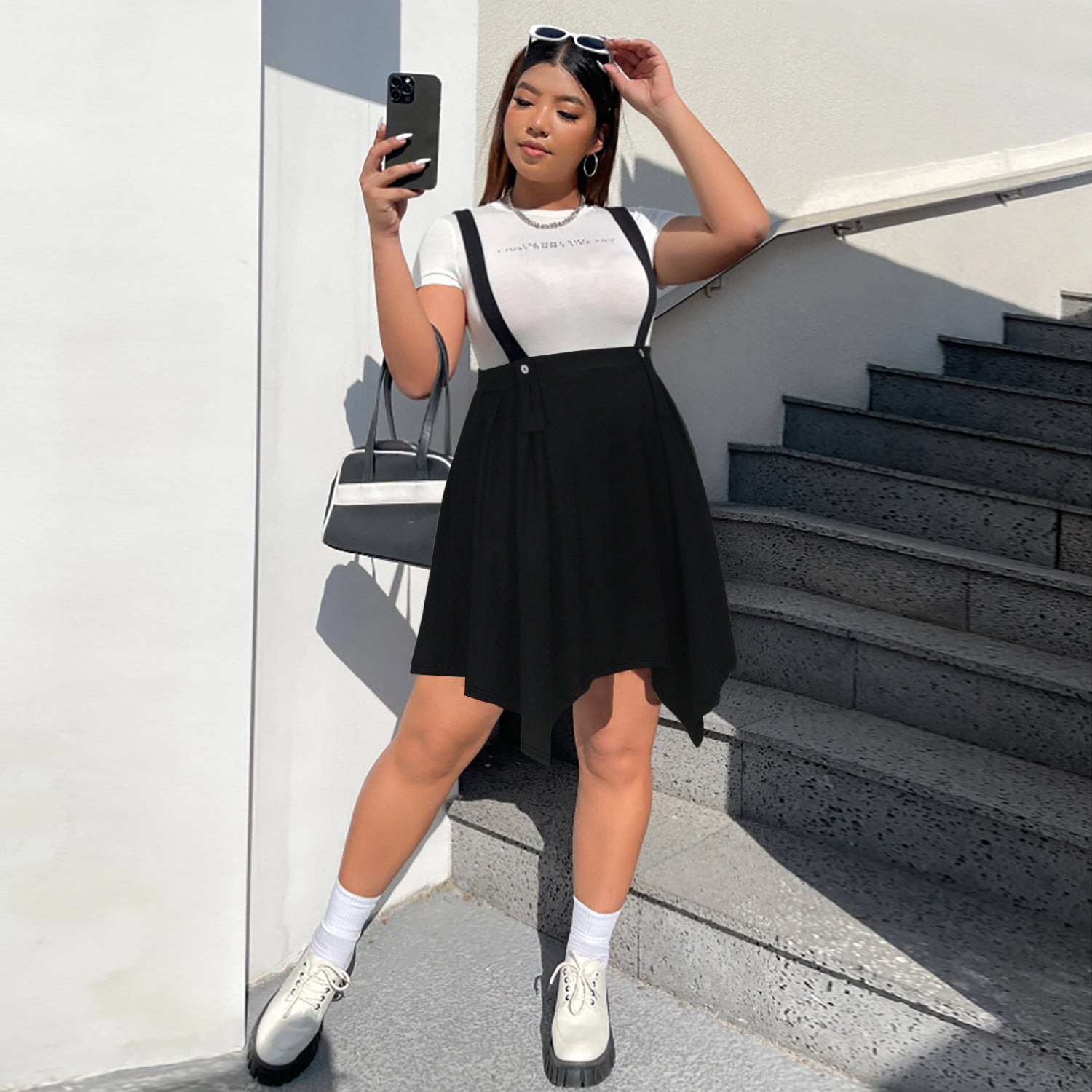 Women Spring Summer Chic Fresh and Simple Style Irregular Hem Suspender Skirt Plus Size Skirt 6