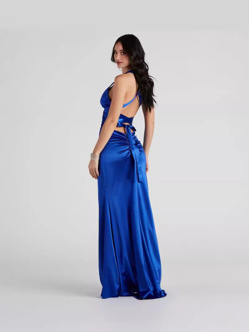 Women Black Formal Party Elegant Satin Strap Dress 4