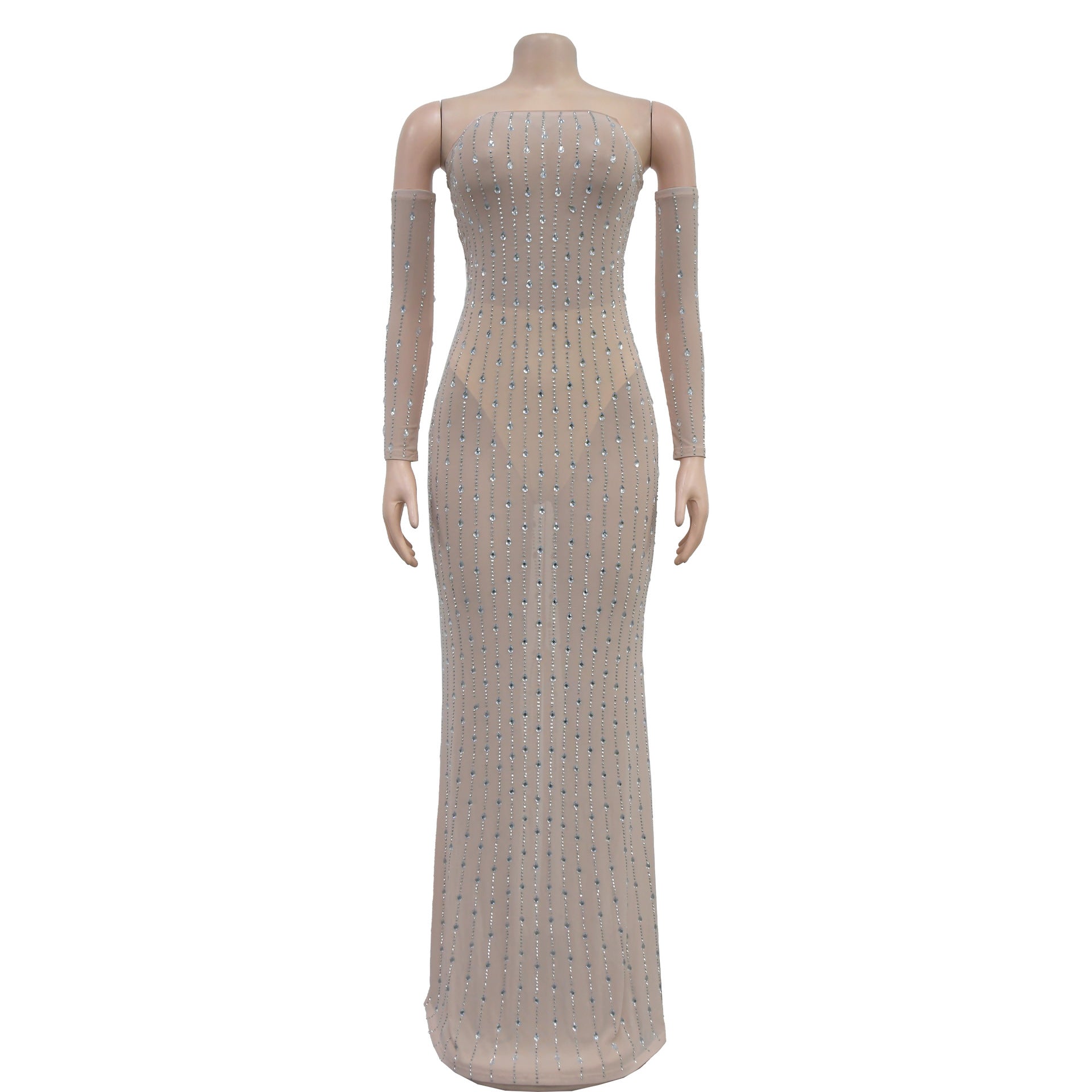 Fashion Women's Clothing Beaded Rhinestone Strapless Sexy See Through Nightclub Long Dress 13