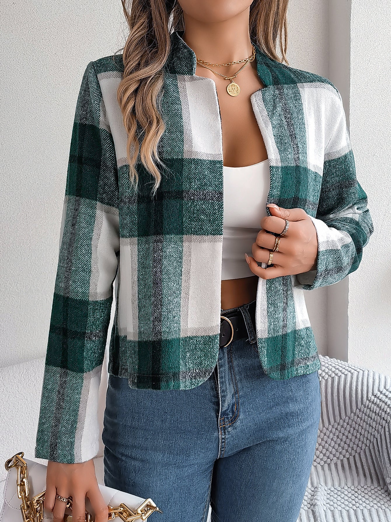 Autumn Winter Casual Plaid Long Sleeve Women Tweed Coat 10