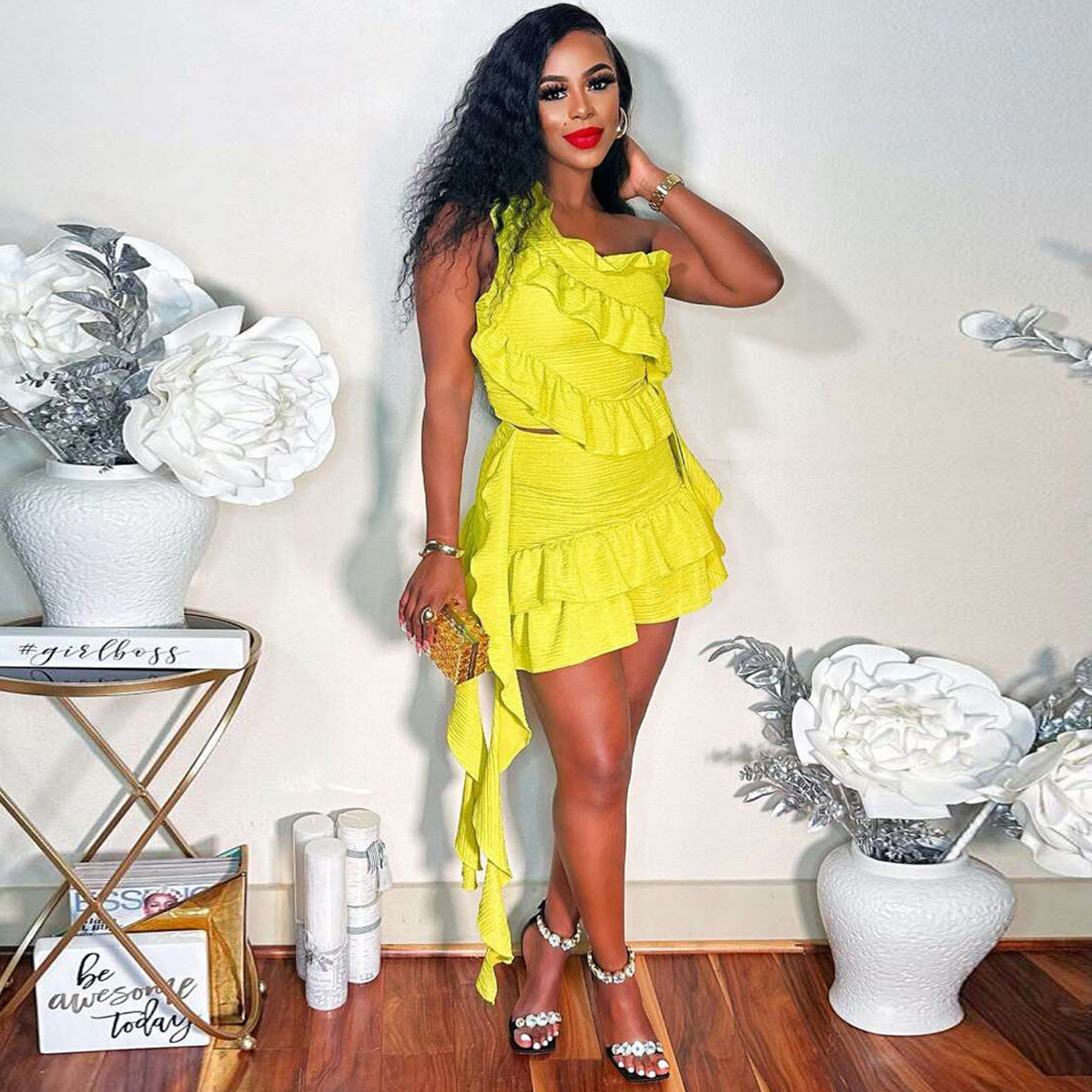 Women summer dress fringe ruffled shoulder Slash Shoulder Top and skirt two-piece set