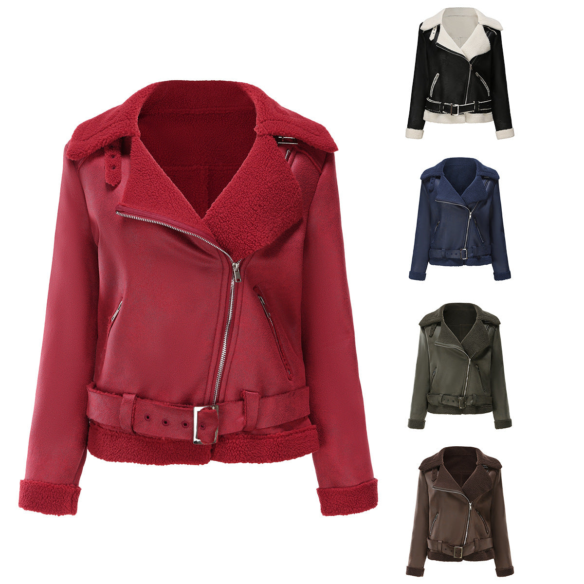 Autumn And Winter Fur Warm Women's Leather Jacket With Belt For Women Turndown Collar Coat 6