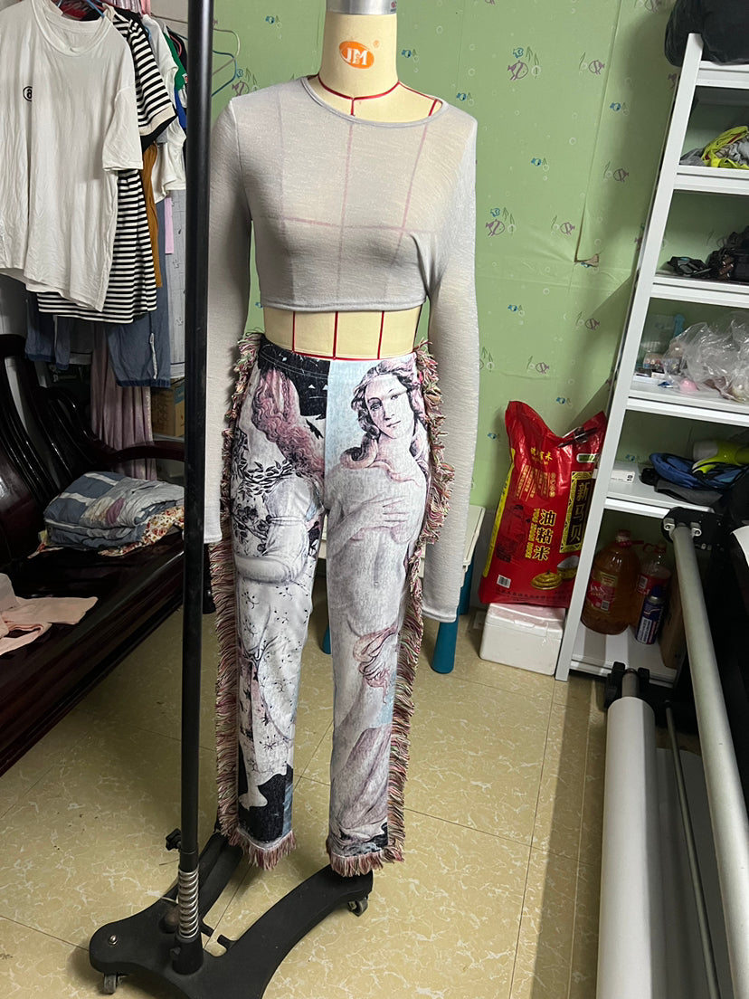 Fall Casual Fashion Women's Multi-Color Pattern Fringed Pants 6