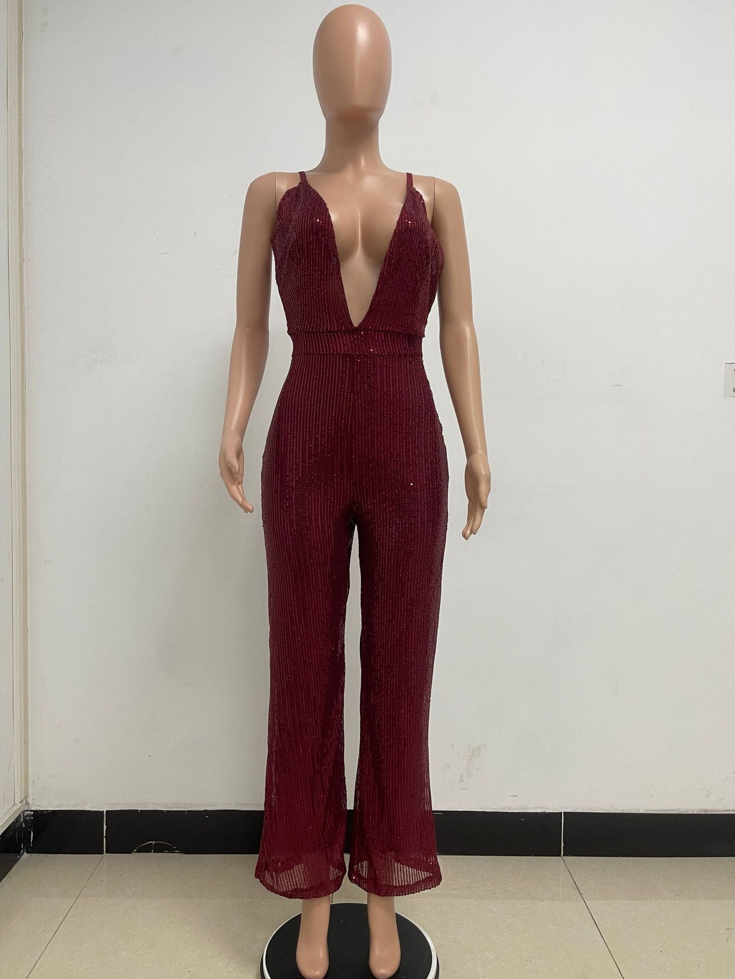 Deep V Neck Low Back Sleeveless Chic Sequined Straps Elegant Women's Party Jumpsuit 36