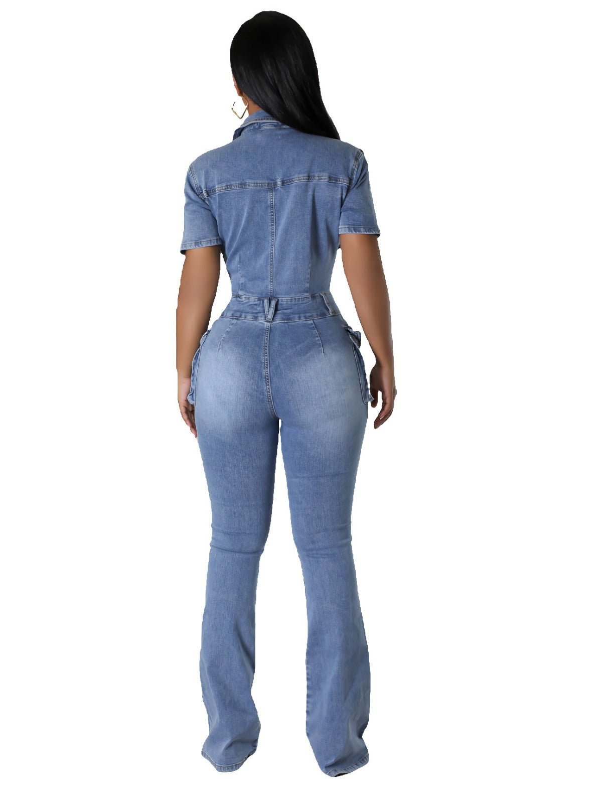 Women Stretch Wash Denim Bell Bottom Jumpsuit 6