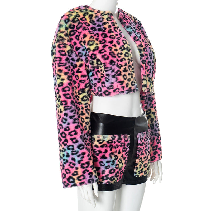 Women autumn Casual leopard plush Patchwork Pu-Leather Top and shorts Two Piece Set 9