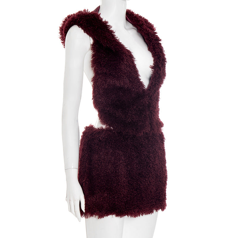Women's Faux Fur U-Neck Hooded Low Back Top & Skirt Two-Piece Set 8