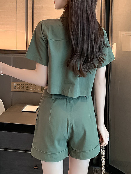 Two-piece summer Cargo style short-sleeved jacket wide-leg shorts women's suit 10