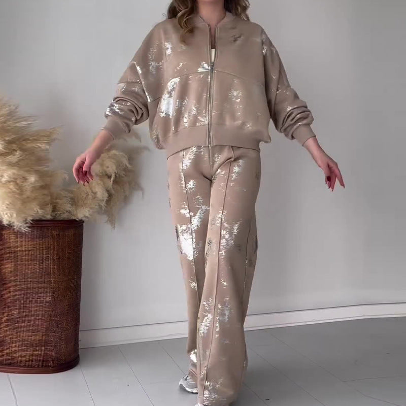 Women summer sequin print zipper casual top and pant two-piece set 9