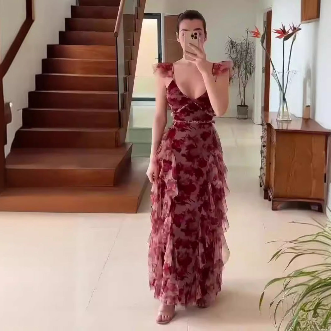 Summer Fashion Printed U-Neck Flying Sleeves High Waist Ruffled Long Dress