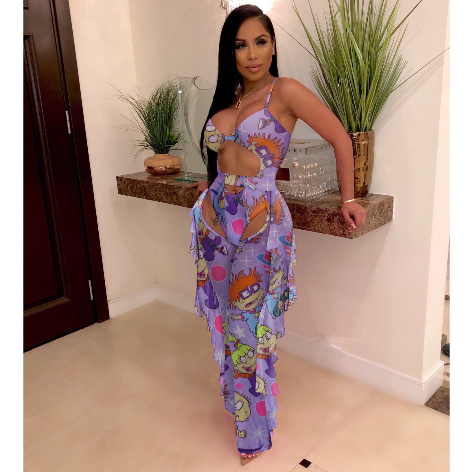 Sexy Women's Solid Color Printed One Piece Swimsuit Mesh Pants Two-Piece Set 8