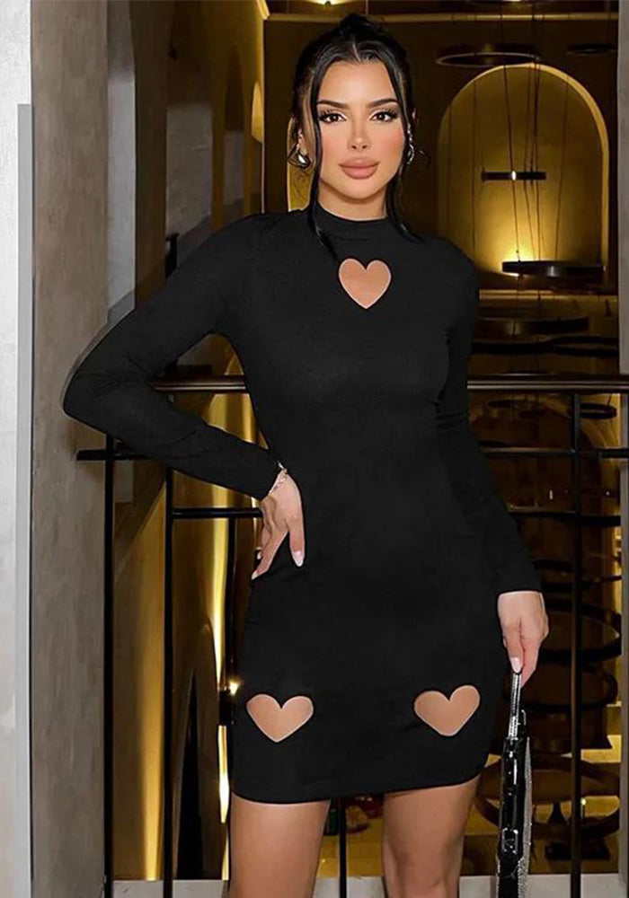 Women's Spring Fashion Sexy Heart Print Hollow Long Sleeve Dress
