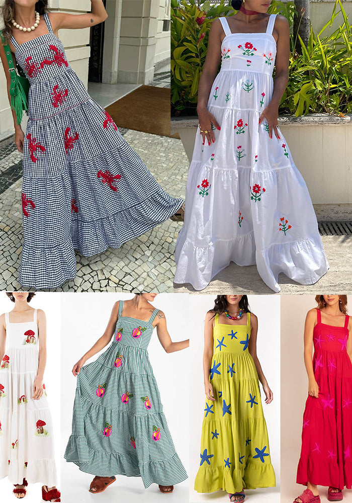 Women Embroidered Pleated Beach Holidays Strap Dress