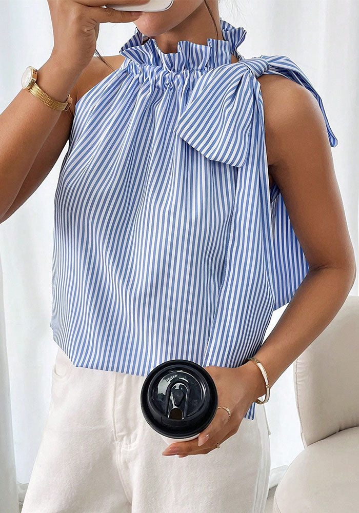 Fashion Sleeveless Striped Lace High Neck Tie Knot Women's T-shirt Top