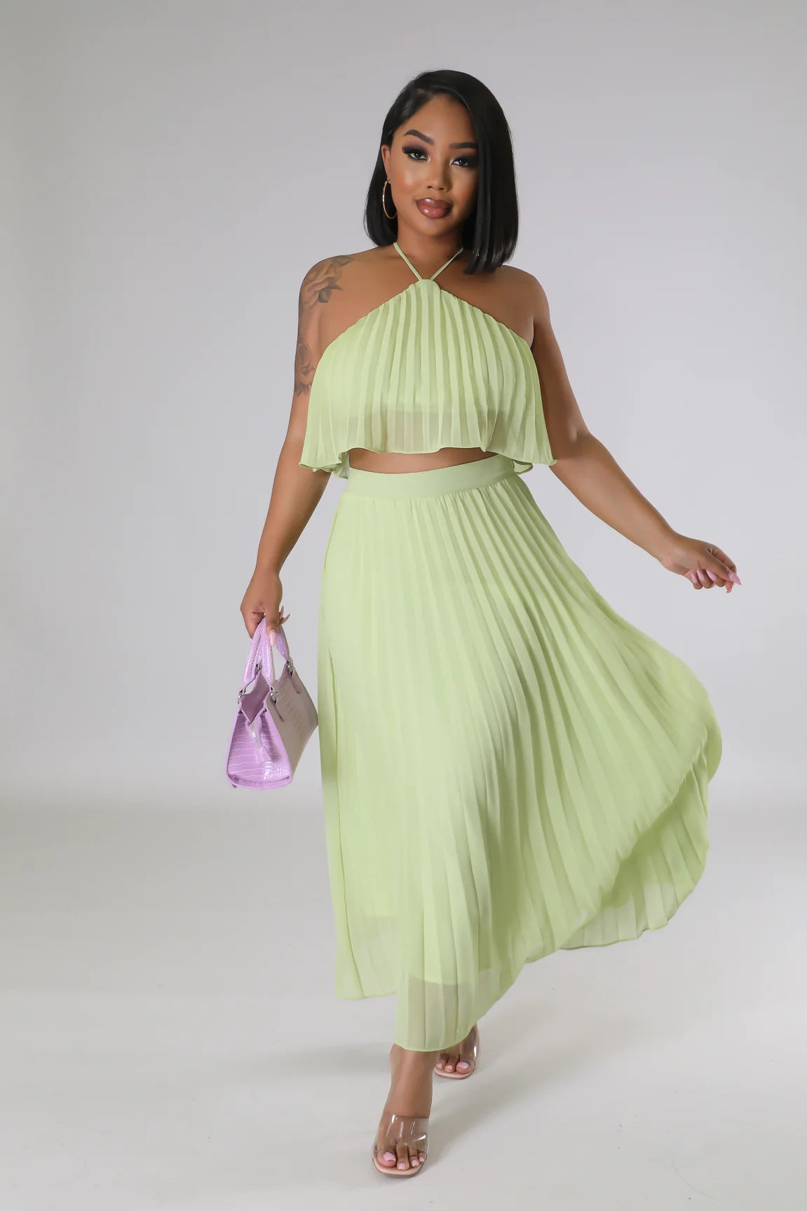Sexy Low Back Halter Neck Tank Top Pleated Maxi Skirt Two-Piece Set 3