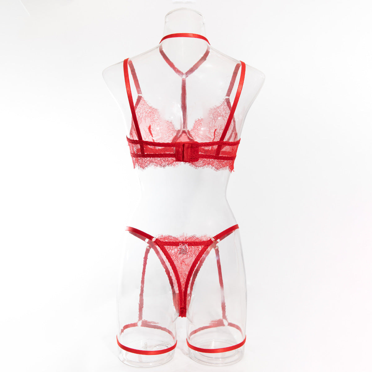 Women hollow lace eyelash halter neck lingerie set with detachable leg loops 34